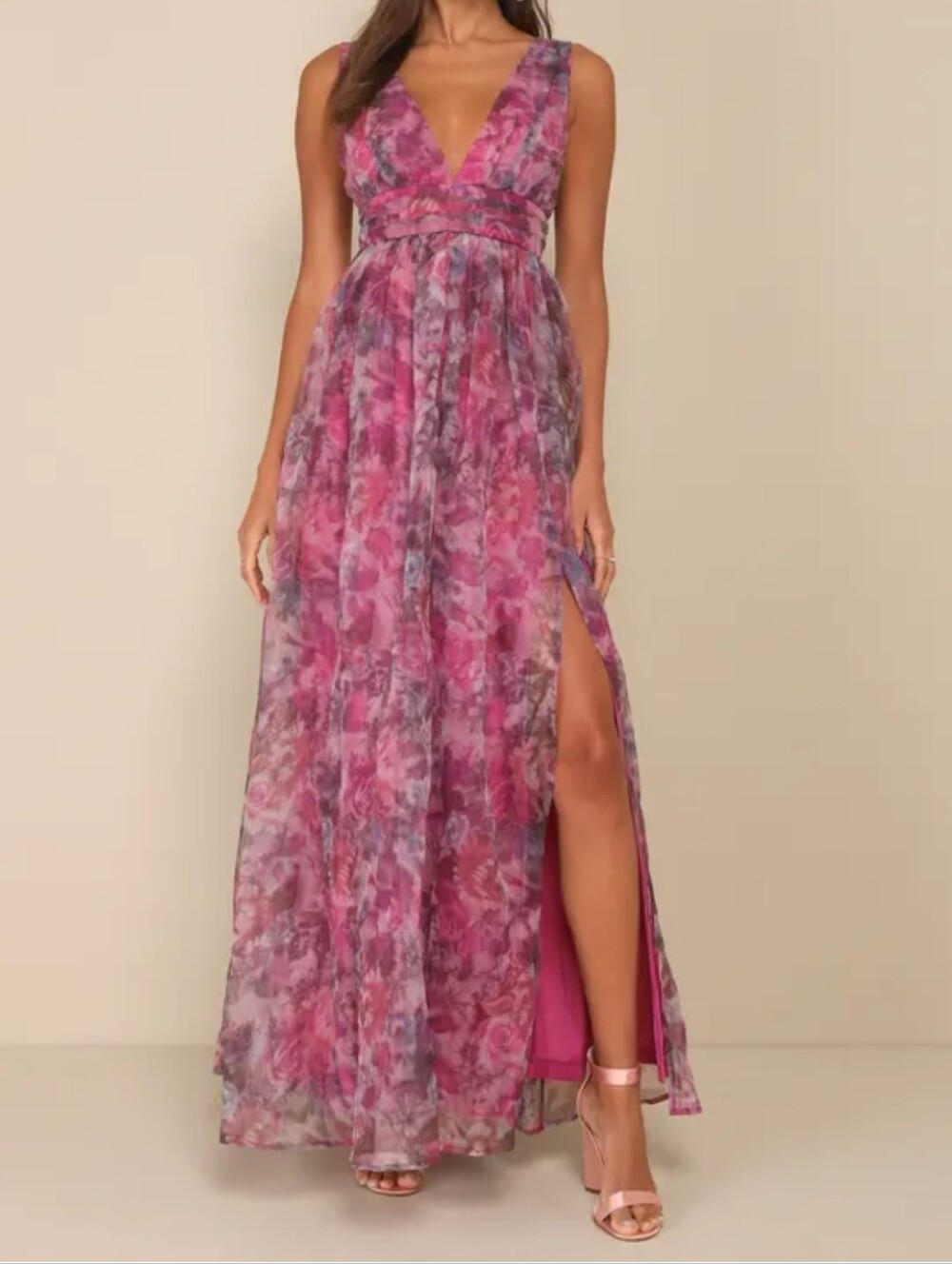 Lulus Floral Pink V-Neck Maxi Dress with Side Slit Size XS